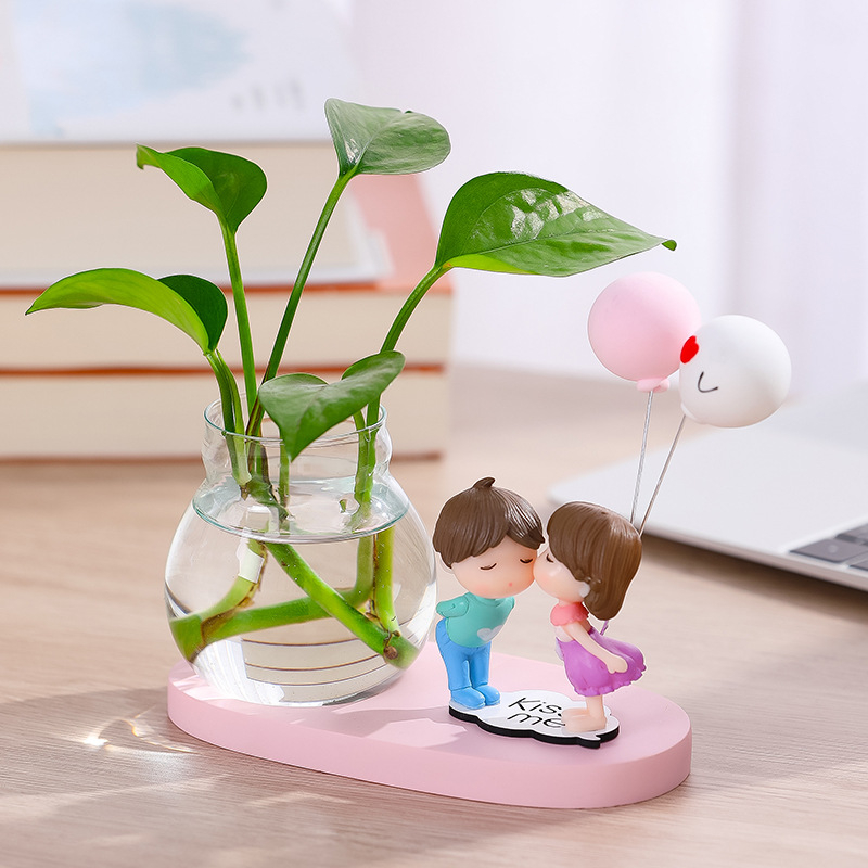 Bình thủy sinh kèm tượng cặp đôi tình yêu Ráp dễ thương trang trí bàn làm việc, phòng khách, quà tặng bạn bè