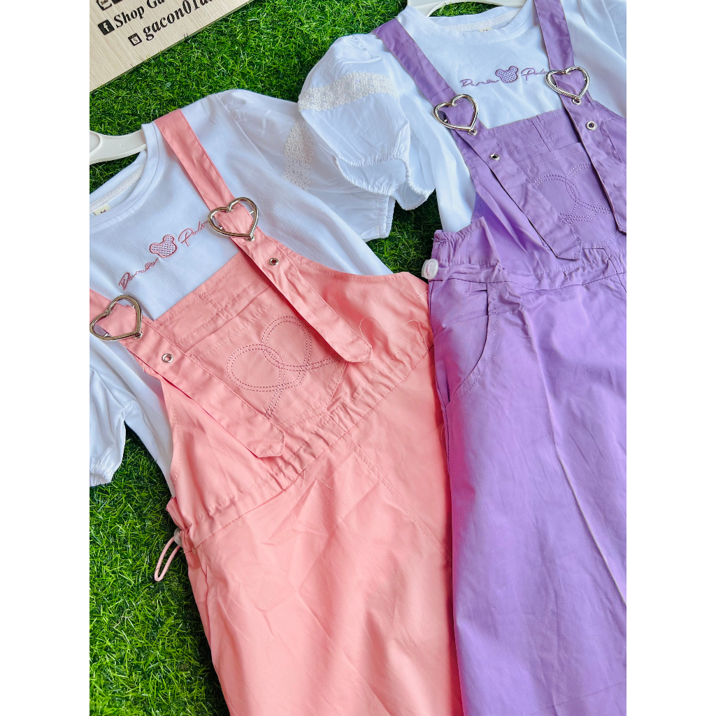 Set yếm váy kaki rút eo 2 màu + áo tay bí siêu xinh size 23-35kg