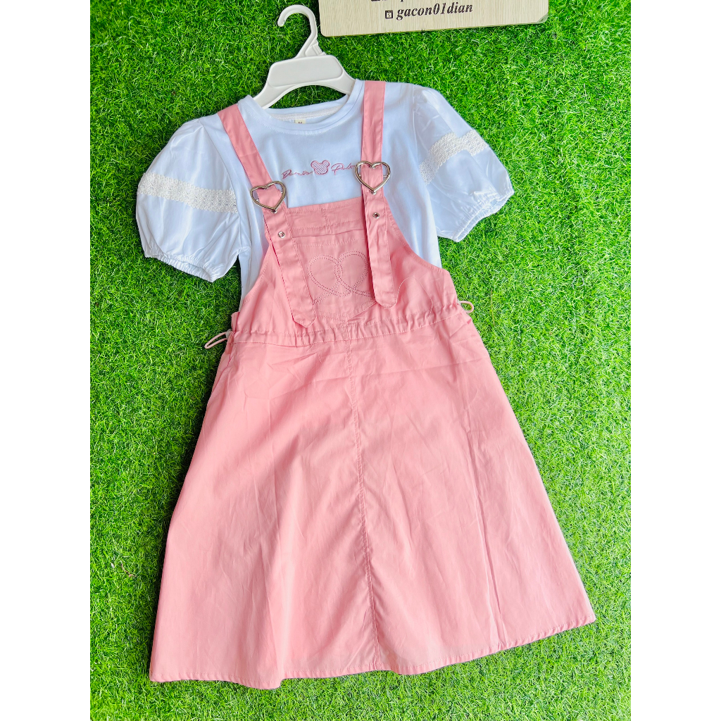 Set yếm váy kaki rút eo 2 màu + áo tay bí siêu xinh size 23-35kg