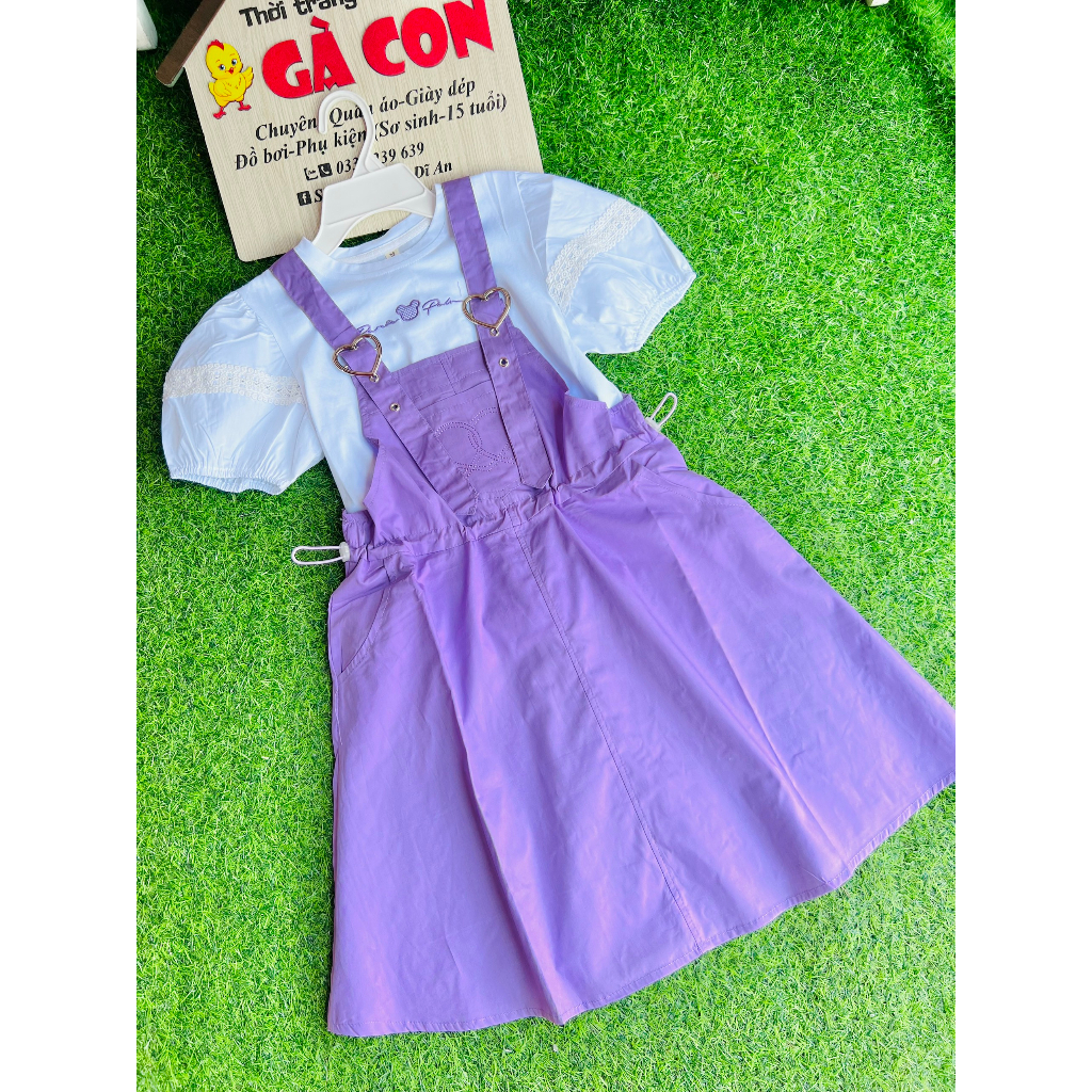 Set yếm váy kaki rút eo 2 màu + áo tay bí siêu xinh size 23-35kg