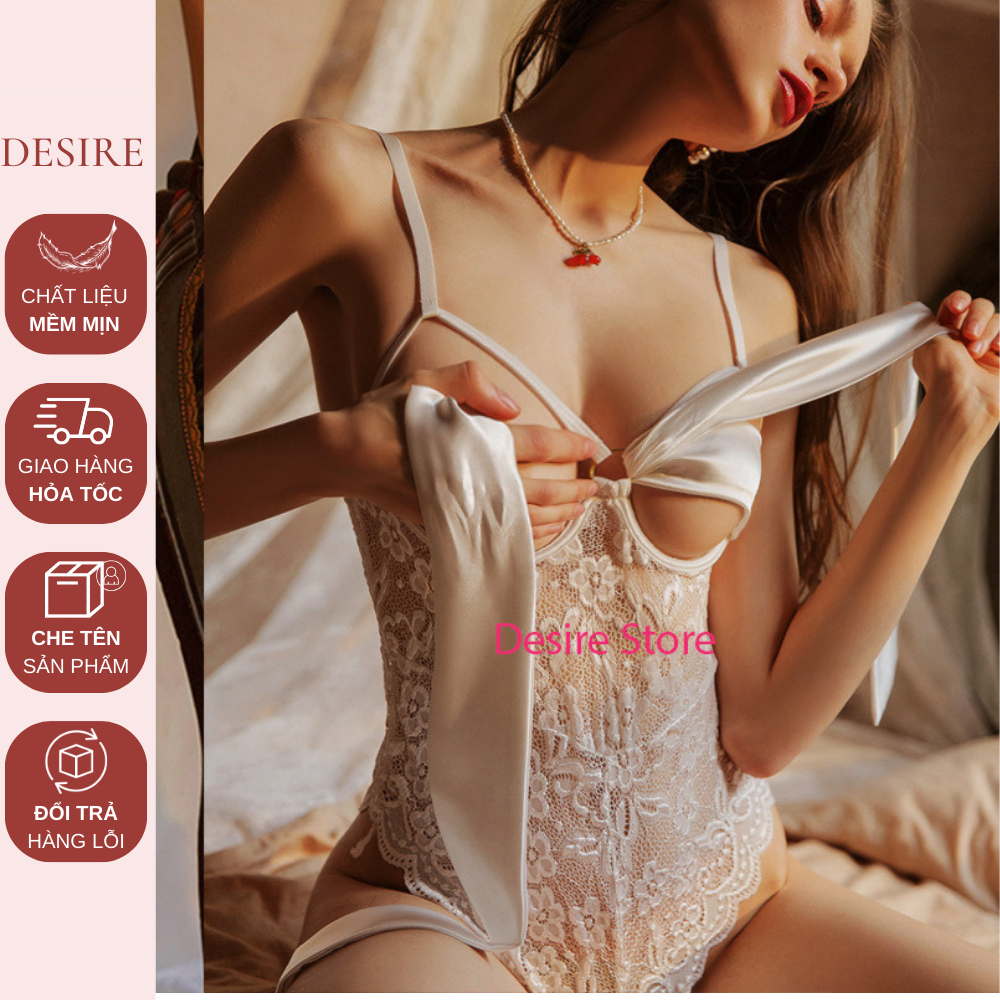 Đầm Ngủ Bodysuit Ren xẻ đáy cột nơ đồ ngủ sexy cosplay xuyên thấu gợi cảm cho nữ VN-051
