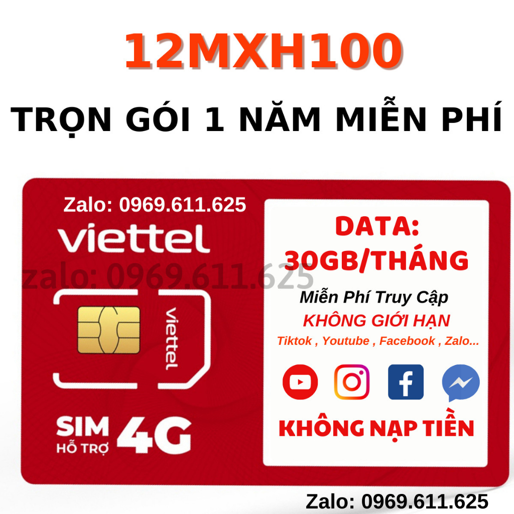 Sim Trọn Gói 1 Năm Không Nạp Tiền - Sim Viettel 4G Siêu Tốc Độ Free 100 TỶ Data Truy Cập Youtube Facebook Tiktop