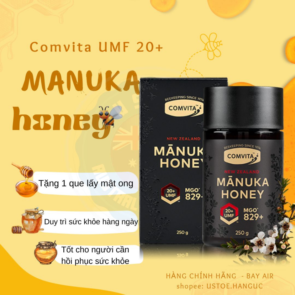 Mật ong Manuka Comvita kháng khuẩn mạnh (tặng kèm que lấy mật ong) [Comvita 20+ 250g]
