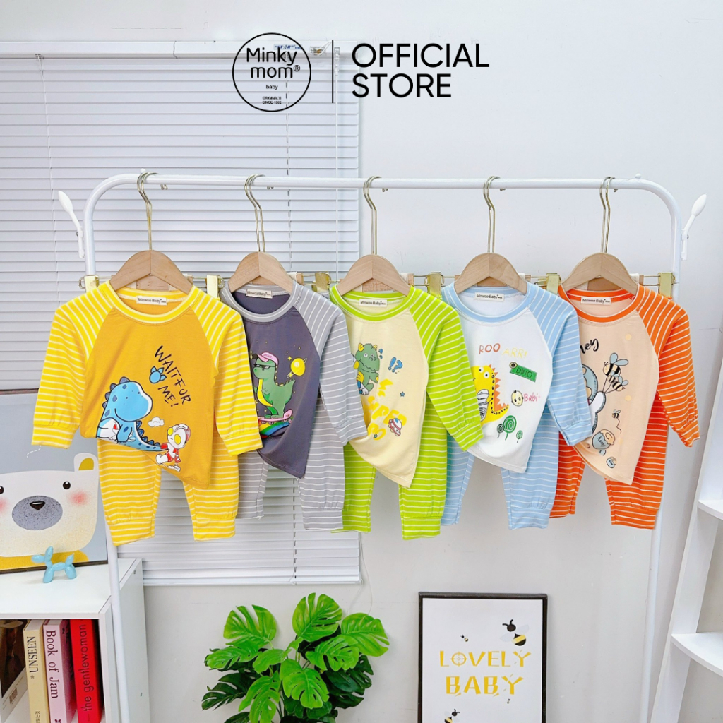 Bộ Dài Tay Cho Bé Trai, Bé Gái Minky Mom Vải Thun Lạnh Hoạ Tiết Khủng Long Quần Kẻ, Đồ Bộ Cho Bé Mặc Nhà MKMTD305