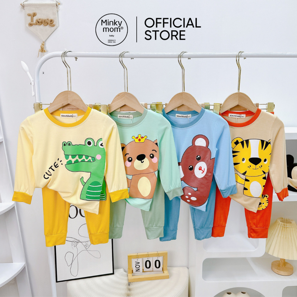 Đồ Bộ Dài Tay Cho Bé Trai, Bé Gái KIMCHIBABY Vải Thun Lạnh In Gấu 3D Cổ Viền, Bộ Quần Áo Cho Bé Mặc Nhà KCTD314