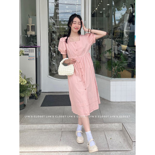 Đầm babydoll cổ U tay bồng phối hàng nút freesize - Lyn's Closet