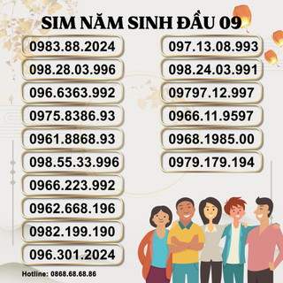 Sim số đẹp sim năm sinh đầu 09, sim viettel trả trước, hỗ trợ đăng ký chính chủ khi nhận sim