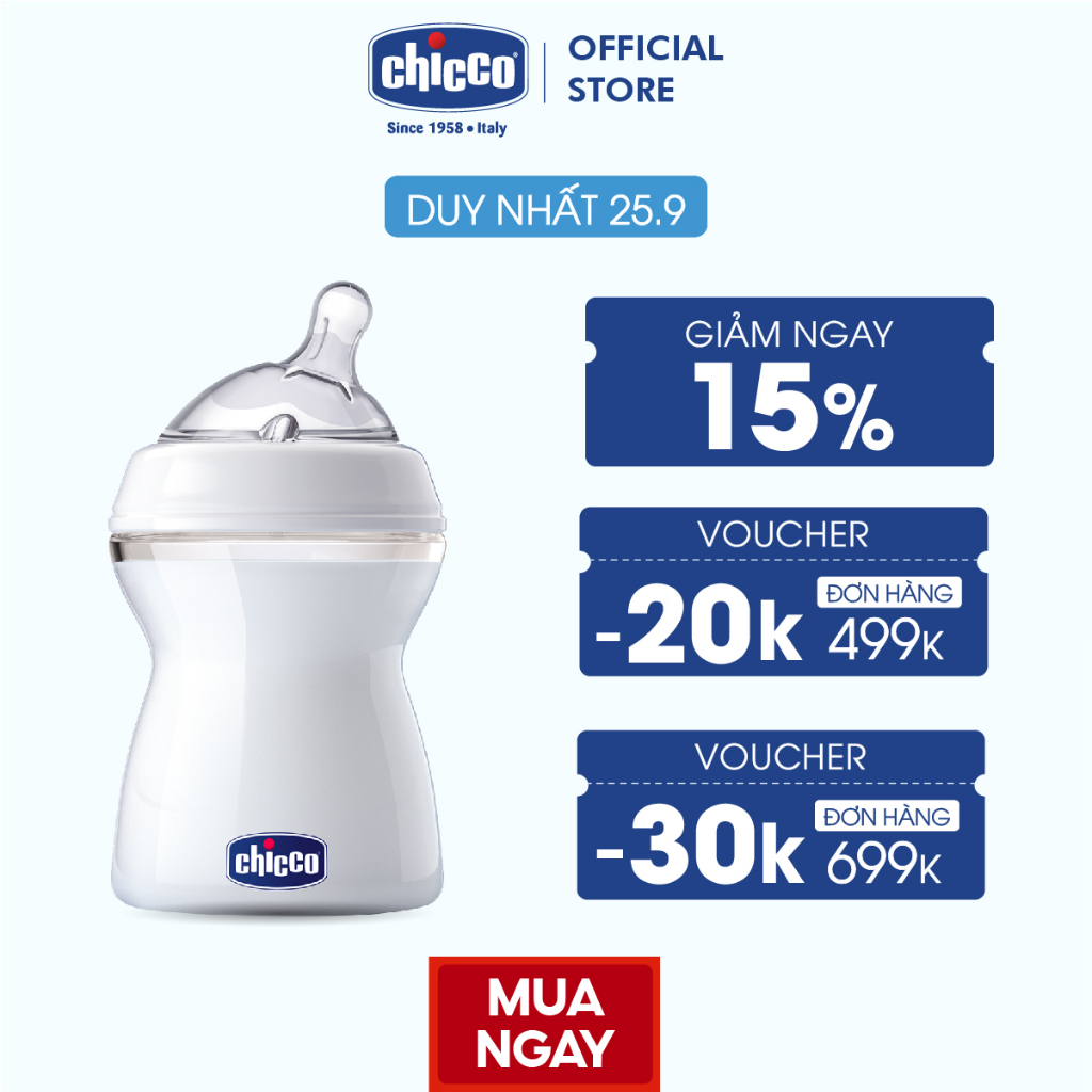 (25/9 - GIẢM 15%) Bình sữa núm nghiêng Pisa Natural Feeling 2M+ Chicco 250ml