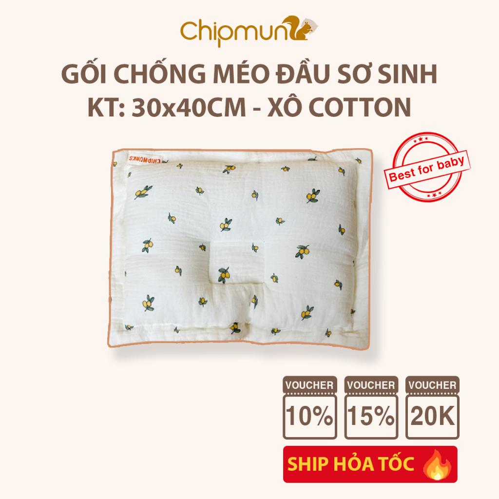 Gối chống méo đầu cho trẻ sơ sinh CHIPMUNK vải xô organic cao cấp, thấm hút mồ hôi, mềm mại, thoáng khí 30x40cm