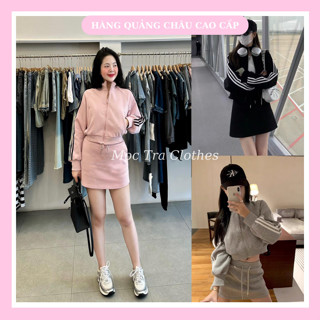 Set áo váy nỉ thể thao Quảng Châu thiết kế sọc viền trẻ trung cá tính, Set đồ nữ thu đông rẻ đẹp siêu xinh