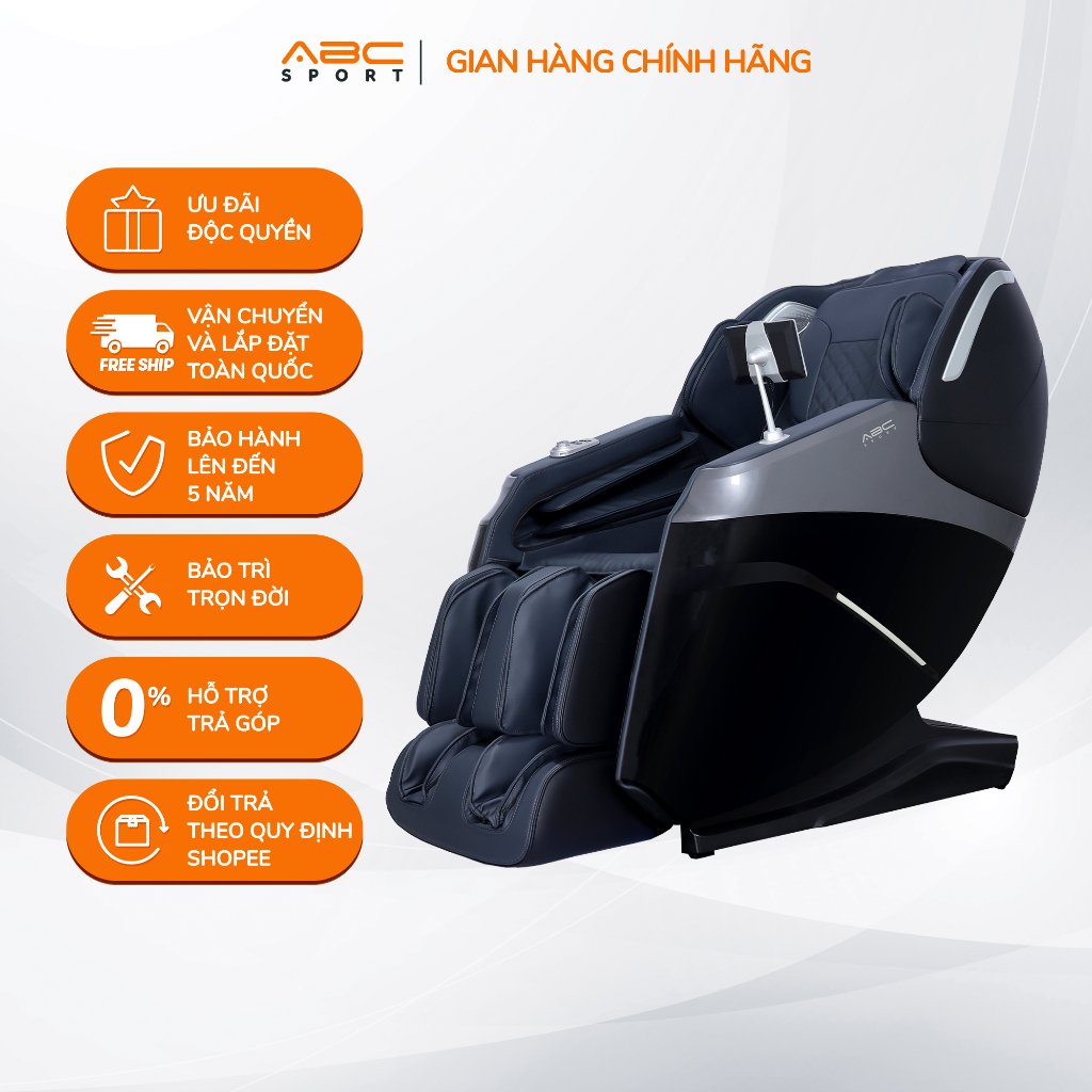 Ghế massage toàn thân ABCSport A22 black công nghệ massage 4D PRO, 12 bài massage tự động, điều khiển bằng giọng nói