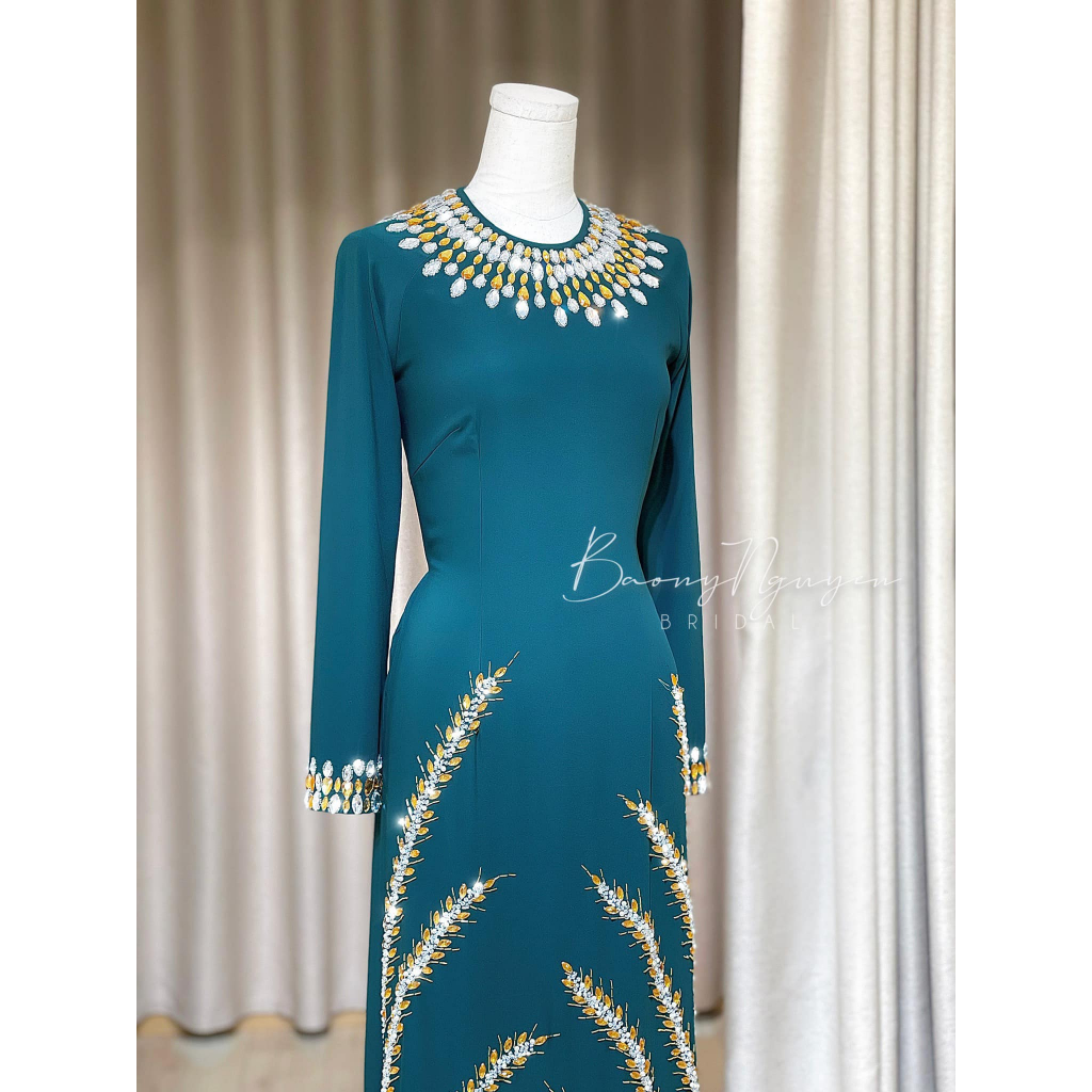 Áo Dài Trung Niên Bà Sui Mẹ Cô Dâu Hàng Cao Cấp Thiết Kế Đính Kết Bông Lúa Thủ Công Tỉ Mỉ