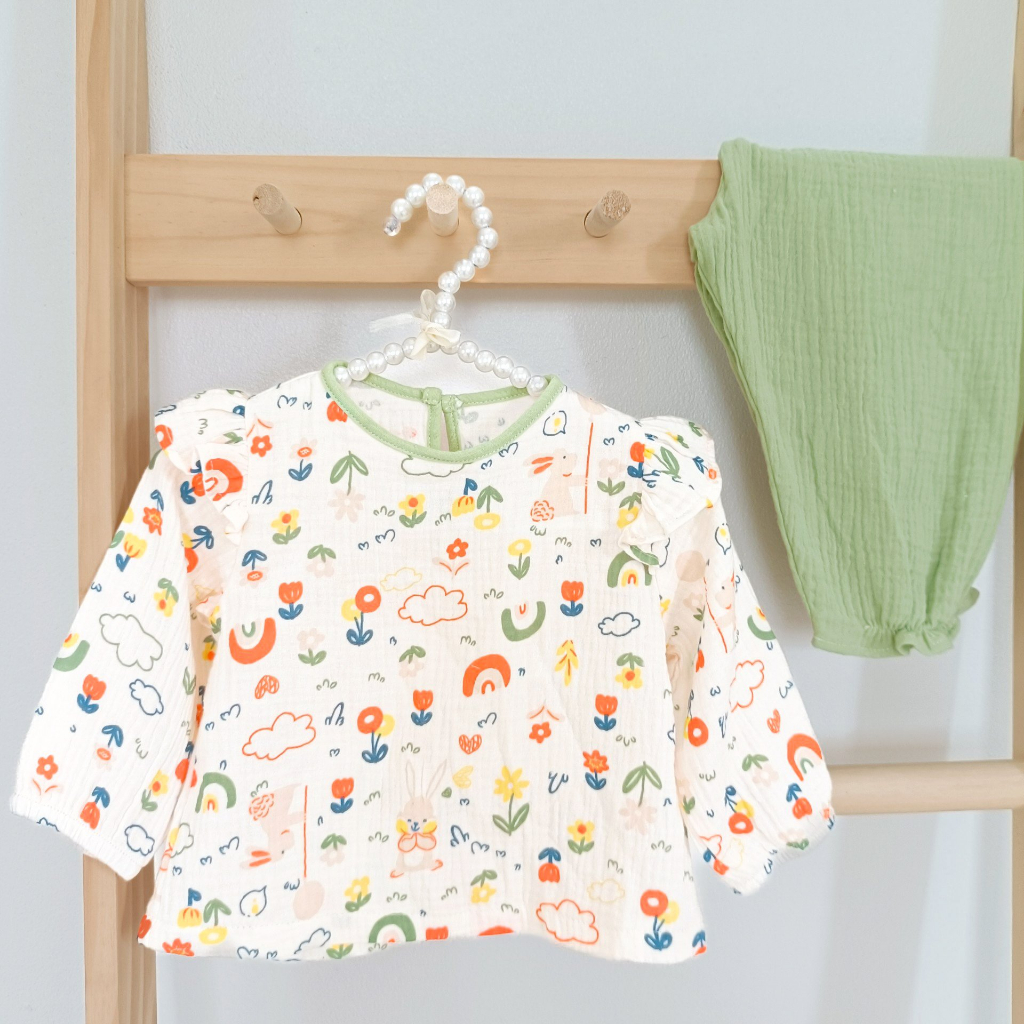 Bộ dài tay cánh tiên cho bé gái Haby Kids vải xô muslin cao cấp, bộ thu đông cho bé