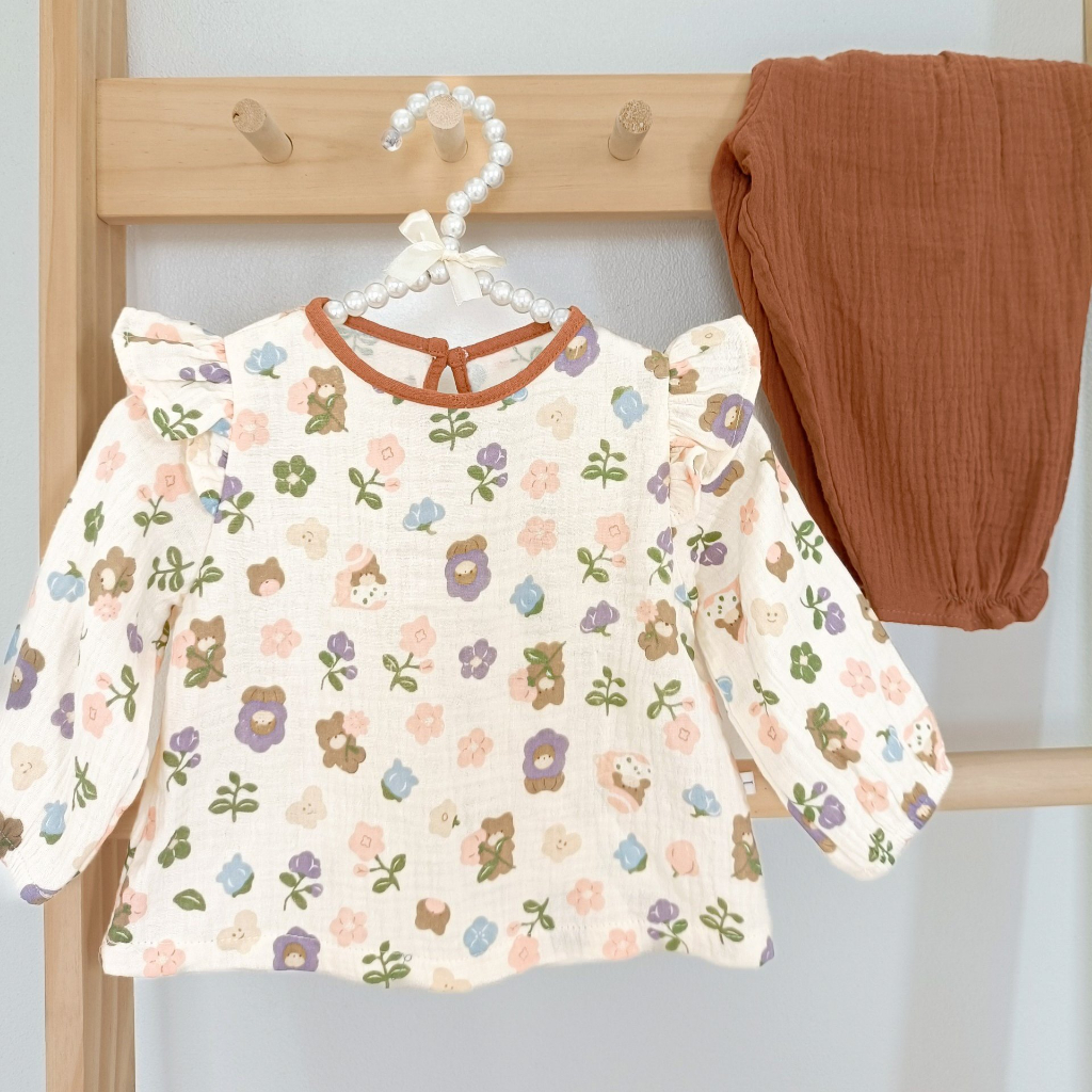 Bộ dài tay cánh tiên cho bé gái Haby Kids vải xô muslin cao cấp, bộ thu đông cho bé