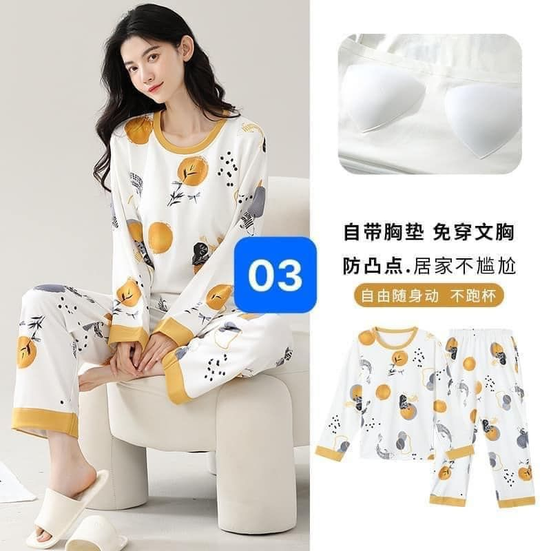 Bộ ngủ nữ set bộ ngủ tay dài chất cotton có mút ngực in hoạ tiết hoạt hình siêu xinh BADAYO