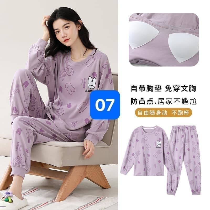 Bộ ngủ nữ set bộ ngủ tay dài chất cotton có mút ngực in hoạ tiết hoạt hình siêu xinh BADAYO