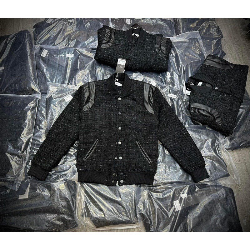 Áo khoác teddy bomber nam nữ vải dạ đính kim tuyến thêu sọc da đen hai vai bo ống 2 lớp dày dặn cao cấp AK16P