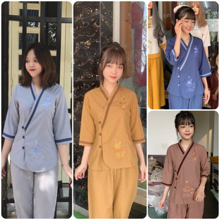 Đồ lam đi chùa nữ chất vải kate nút bọc thêu sen Thiên Di - Pháp phục nữ cao cấp cho phật tử D40