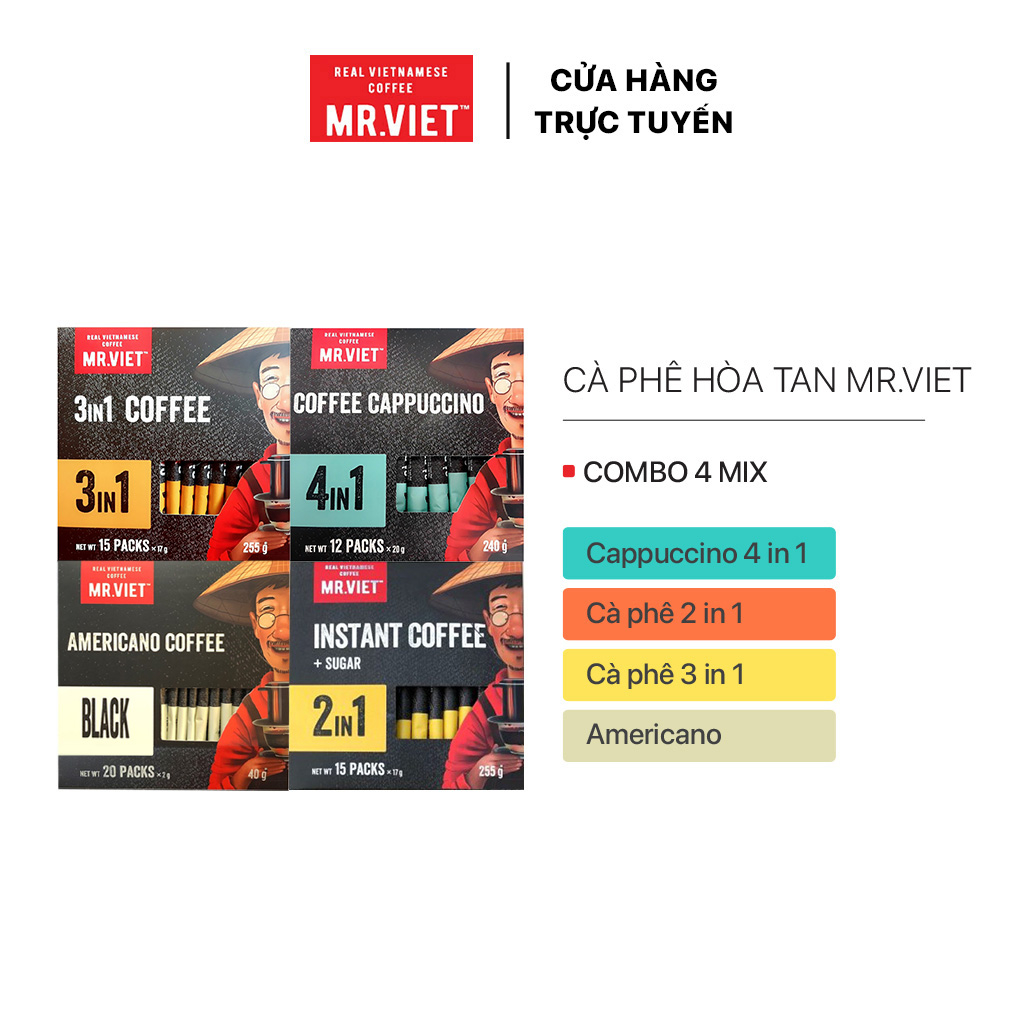 Combo mix 4 hộp cà phê hòa tan, cà phê đen, 2in1, 3in1, cappuccino 4in1 - MR.VIET Coffee