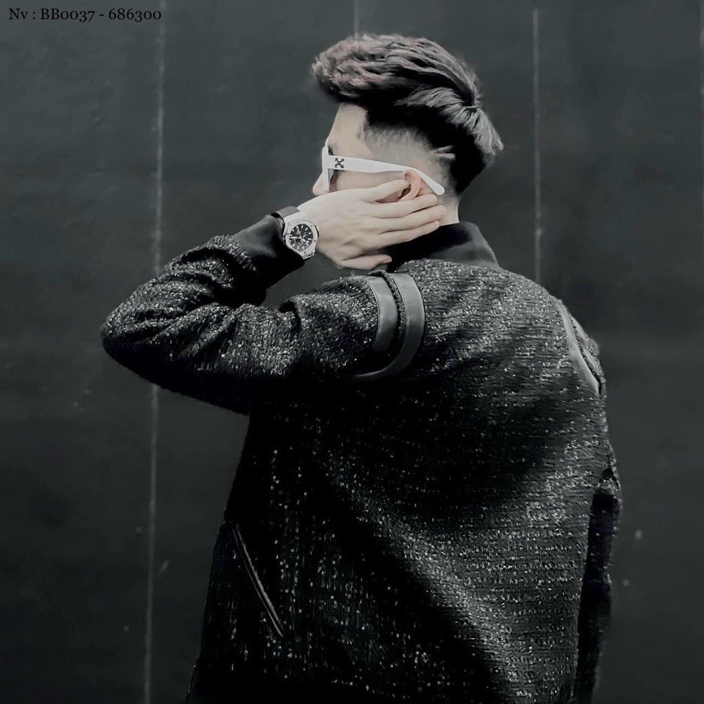 Áo khoác teddy bomber nam nữ vải dạ đính kim tuyến thêu sọc da đen hai vai bo ống 2 lớp dày dặn cao cấp AK16P