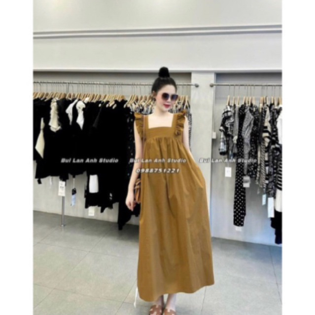 Đầm Cổ Vuông Dáng Dài Babydoll Đơn Giản Sau Lưng Bo Chun Chất Vải Sơ Mi Cotton Được May 2 Lớp Không Mỏng