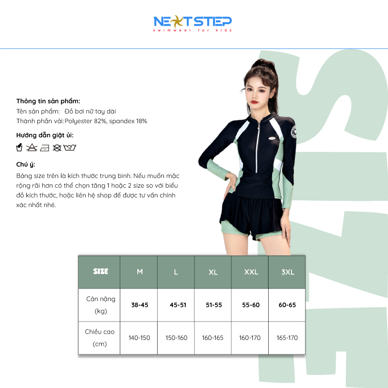 Đồ bơi nữ, hiệu YUKE, tay dài chất vải mềm mại, co giãn 4 chiều, thiết kế trẻ trung năng động có size từ 38kg đến 65kg