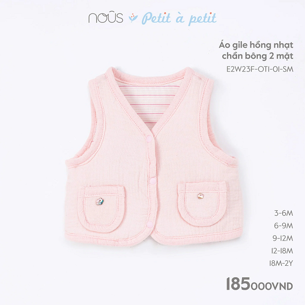 Áo gile Nous chần bông bé gái 3M 6M 9M 12M 18M
