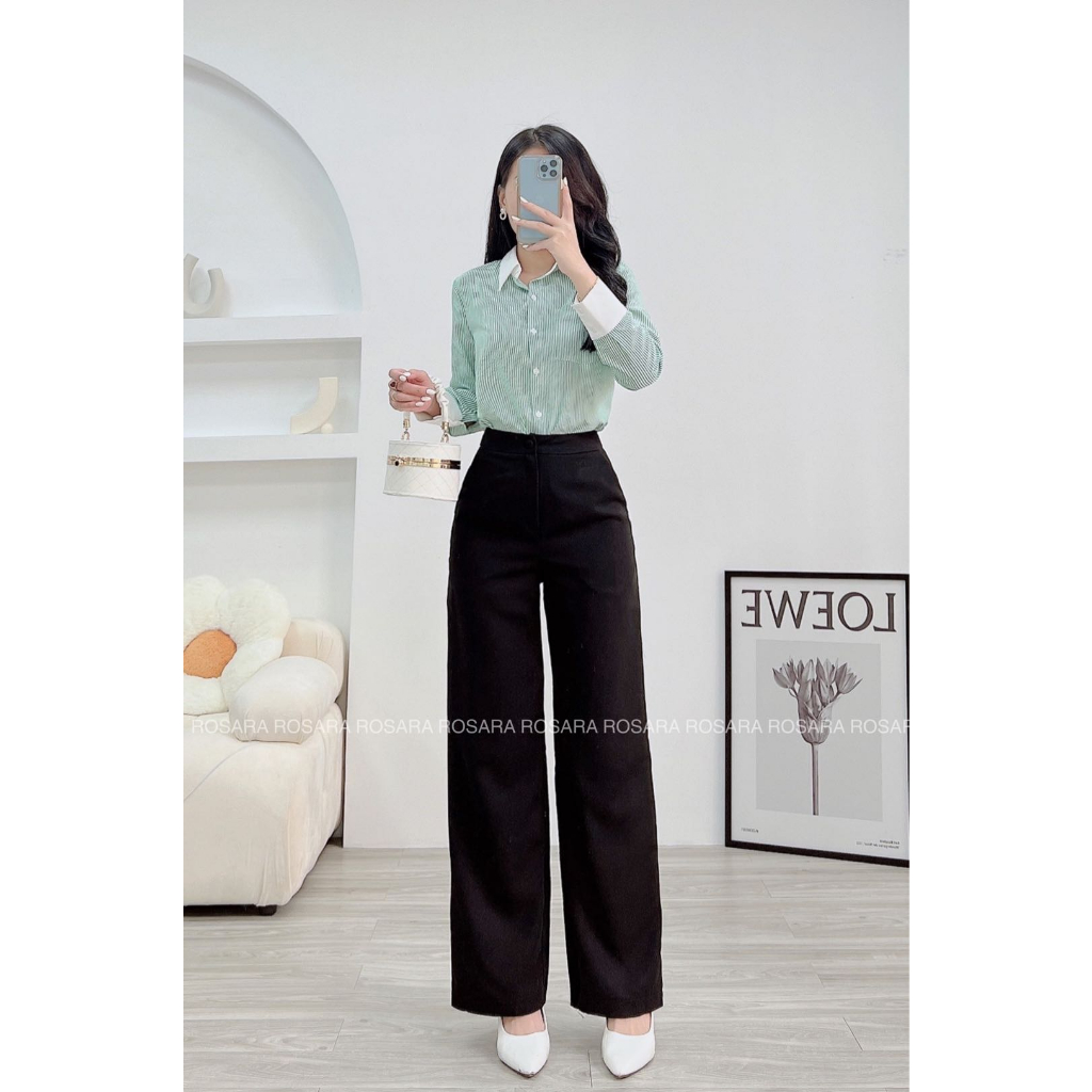 Áo Sơ Mi Nữ Dài Tay Kẻ Sọc Màu Hồng Và Xanh Lá Viền Trắng Thời Trang Rosara SM231