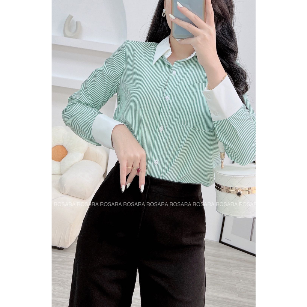 Áo Sơ Mi Nữ Dài Tay Kẻ Sọc Màu Hồng Và Xanh Lá Viền Trắng Thời Trang Rosara SM231