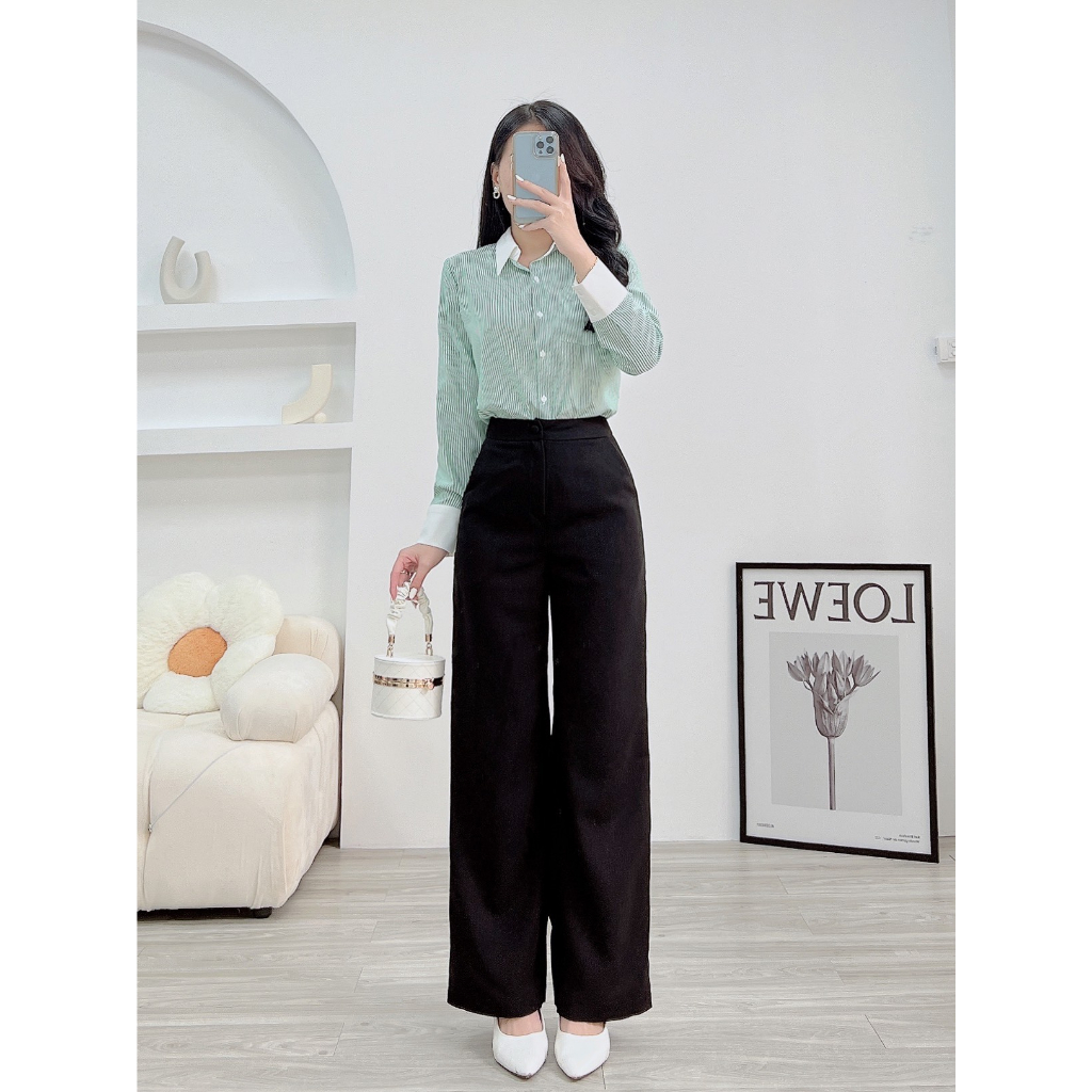 Áo Sơ Mi Nữ Dài Tay Kẻ Sọc Màu Hồng Và Xanh Lá Viền Trắng Thời Trang Rosara SM231