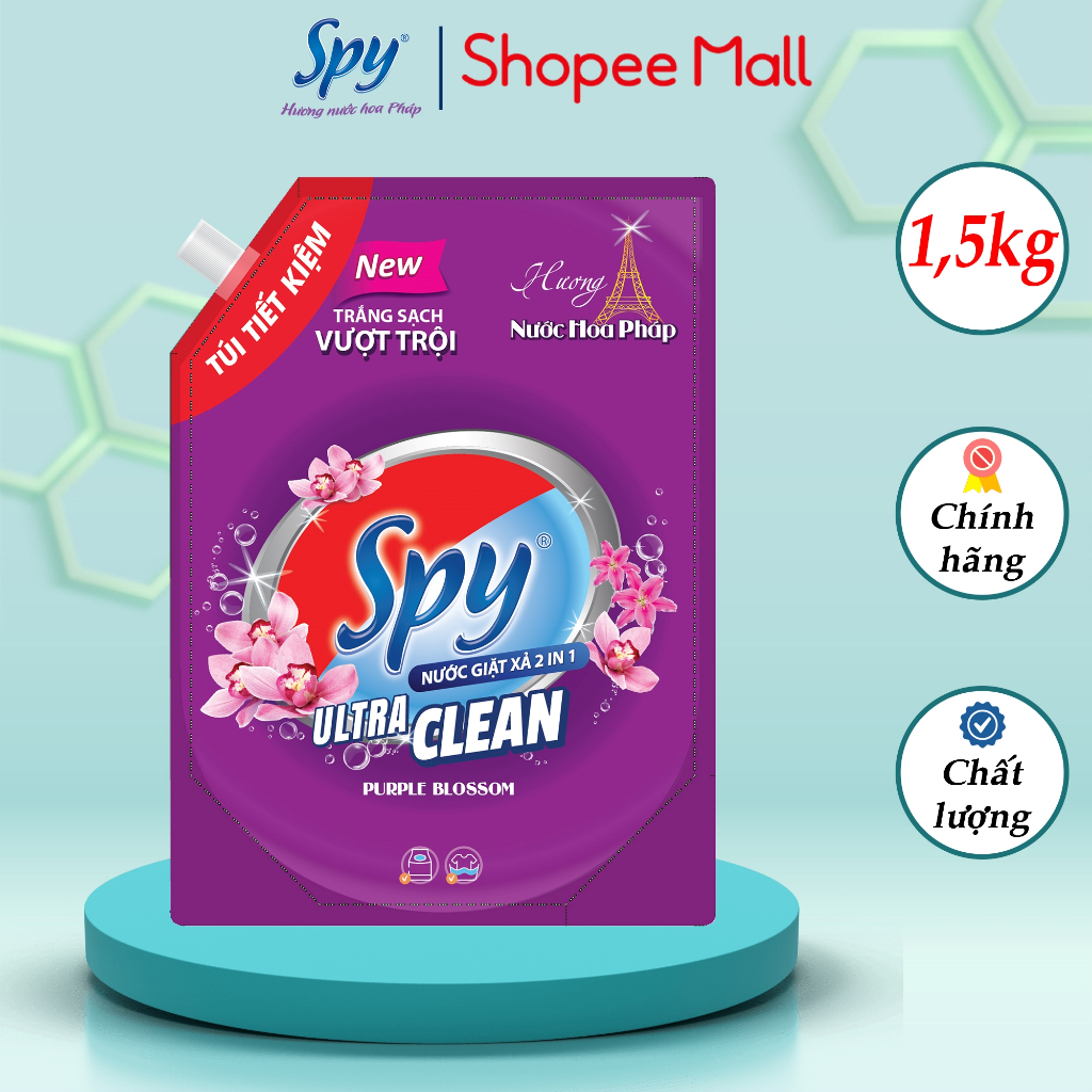 Túi nước giặt xả 1,5kg SPY Ultra Clean hương nước hoa Pháp trắng sạch, thơm lâu