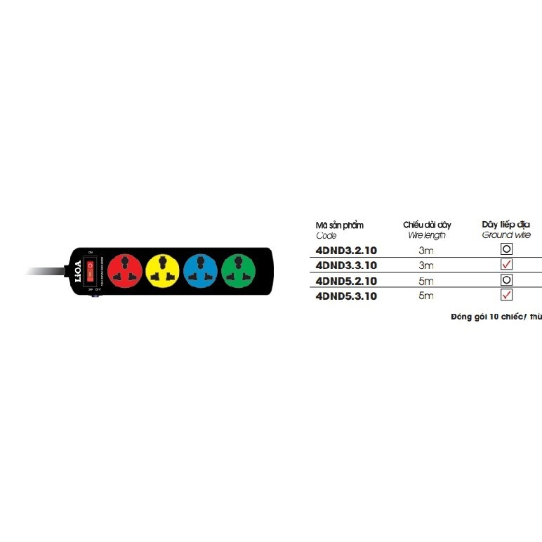 Ổ cắm kéo dài đa năng 4 ổ 10A LiOA 4DND3.2.10/ 4DND5.2.10 [Cam kết hàng chính hãng]