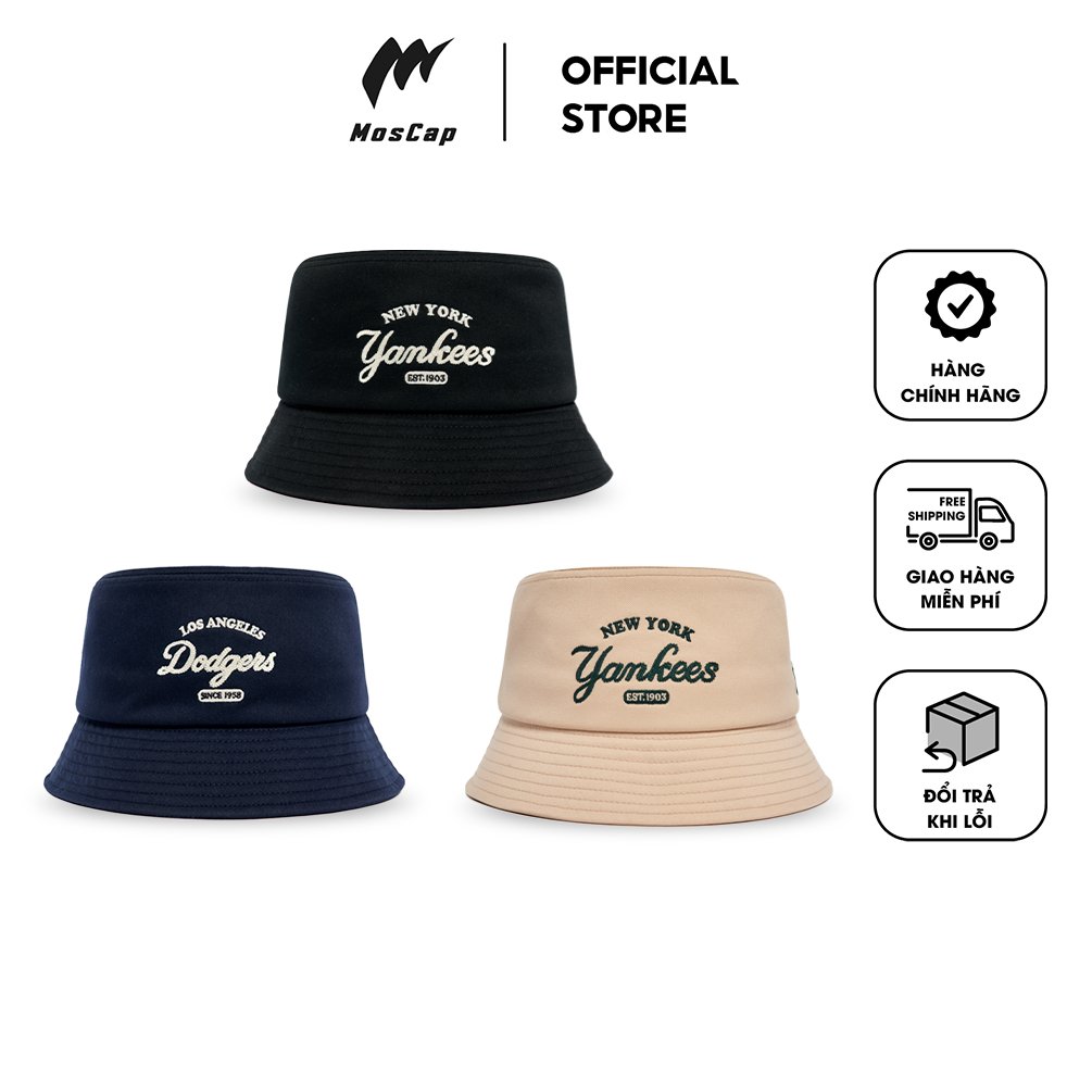 Mũ bucket M.L.B logo thêu chữ vải cotton dày dặn, Nón bucket MOS CAP phong cách unisex dành cho nam nữ
