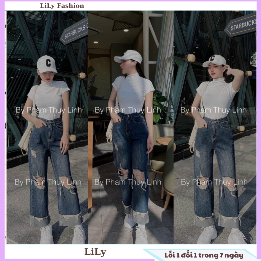 Quần bò jeans mài rách gối, quần bò ống rộng gấp gấu cá tính, thời trang cực kì dễ mix đồ