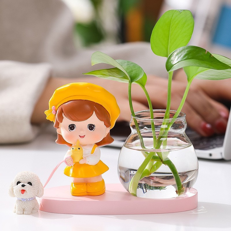 Bình thủy sinh mini để bàn, Bình thủy canh kèm cô gái tập yoga,bé trai bé gái trang trí bàn làm việc,góc học tập,Decor