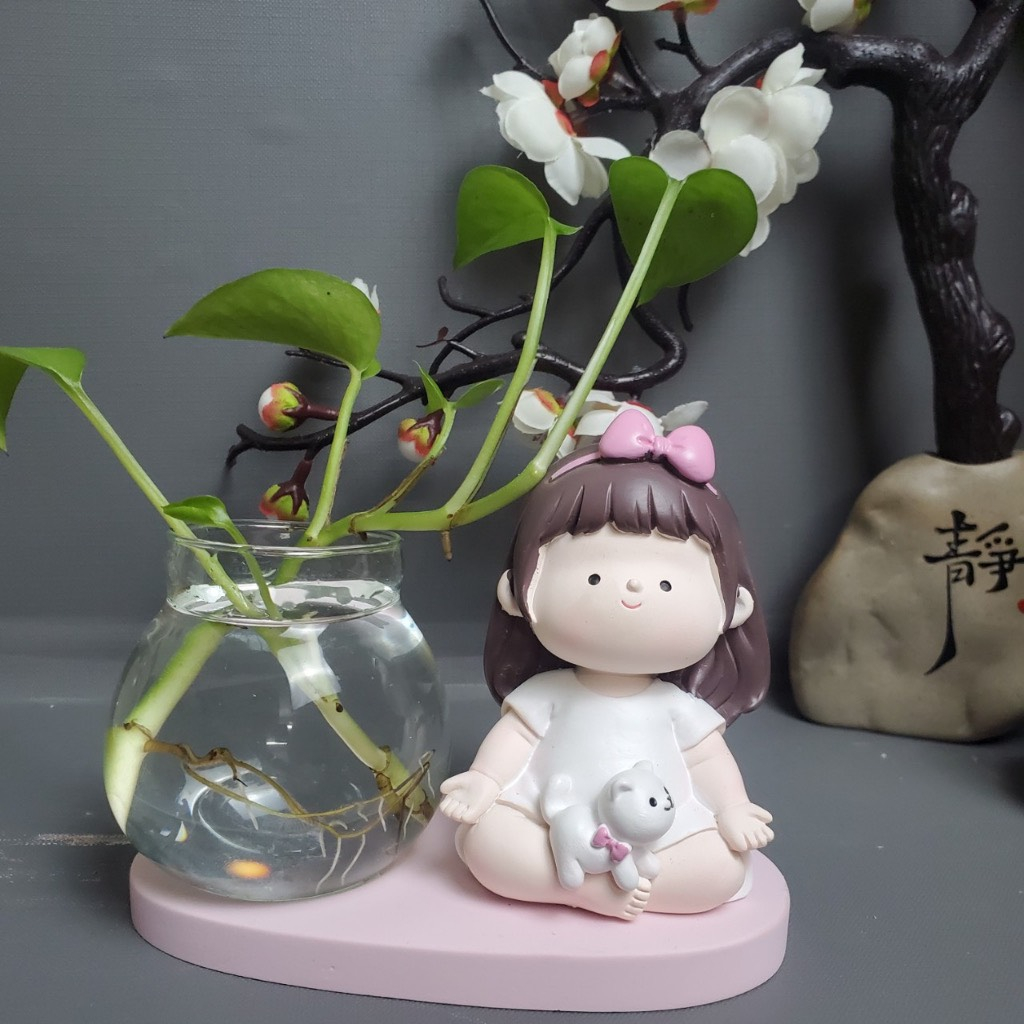 Bình thủy sinh mini để bàn, Bình thủy canh kèm cô gái tập yoga,bé trai bé gái trang trí bàn làm việc,góc học tập,Decor