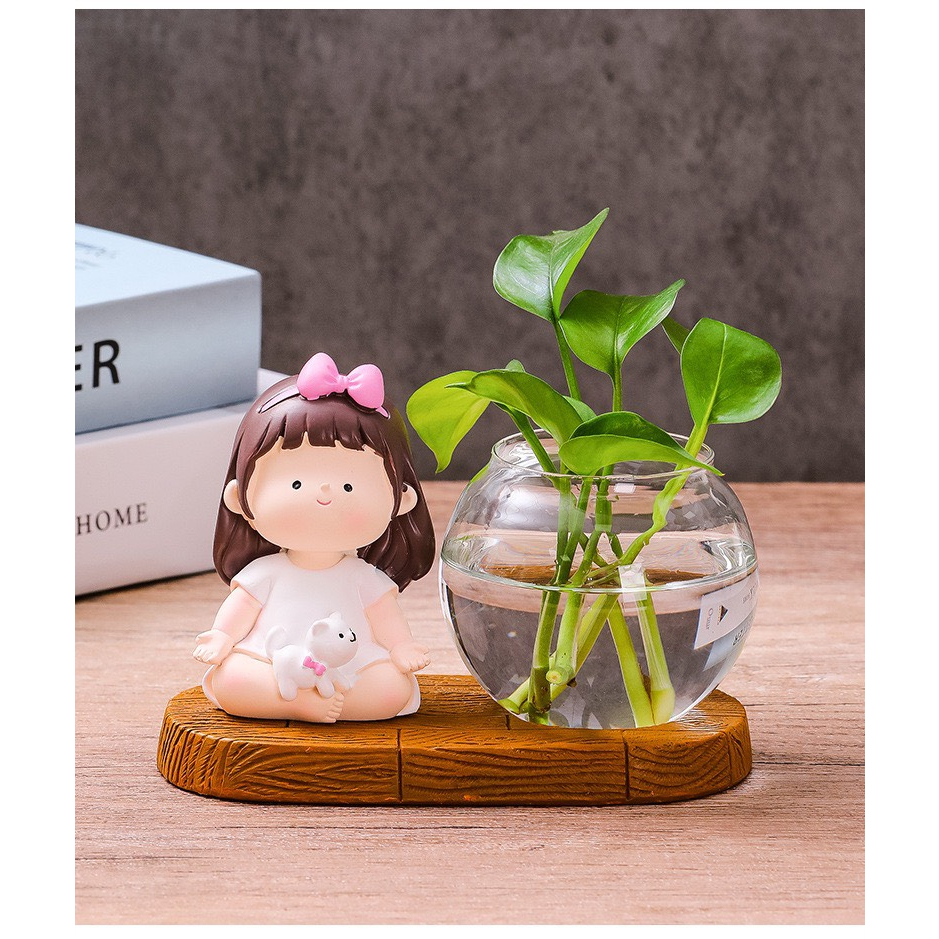 Bình thủy sinh mini để bàn, Bình thủy canh kèm cô gái tập yoga,bé trai bé gái trang trí bàn làm việc,góc học tập,Decor