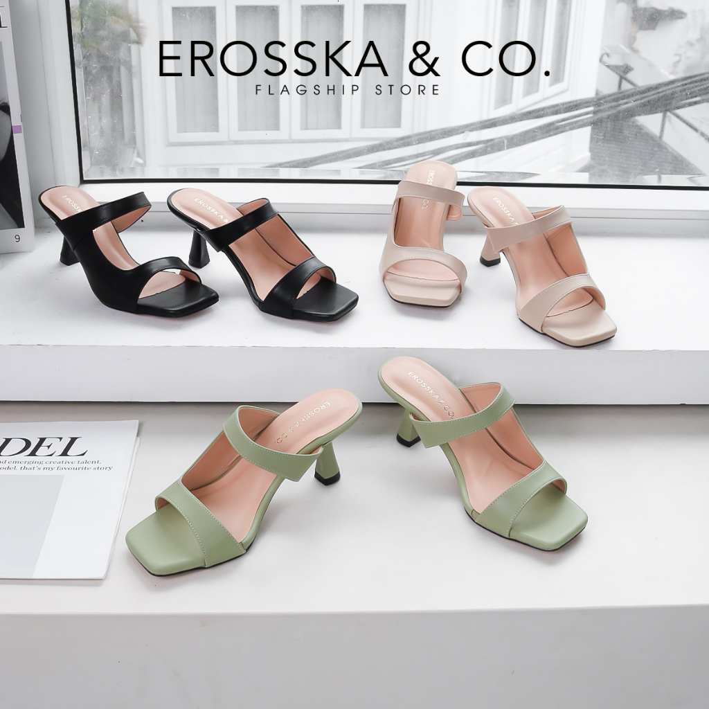 Erosska - Dép cao gót thời trang quai ngang hở mũi kiểu dáng sang trọng màu xanh - EM108