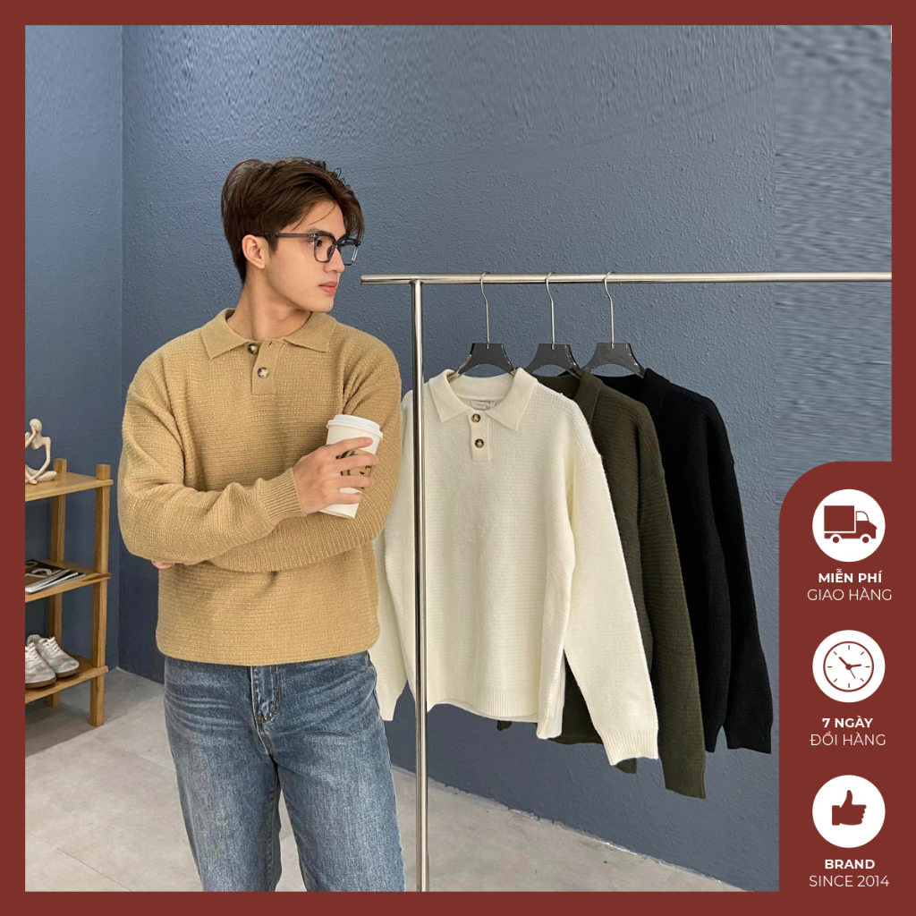 Áo len polo nam Độc menswear dáng polo rộng dài tay cổ áo sử dụng cúc cài, len đan phong cách hàn quốc - AL383