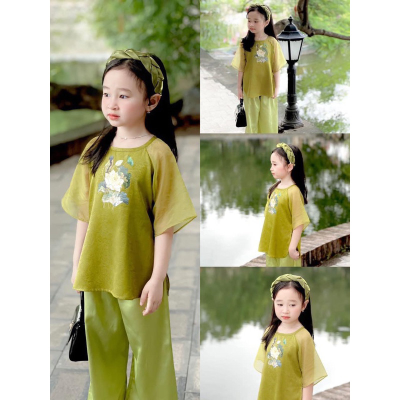 Bộ quần áo bé gái -  Set bà ba lụa tay voan cho bé gái chơi Tết TB377