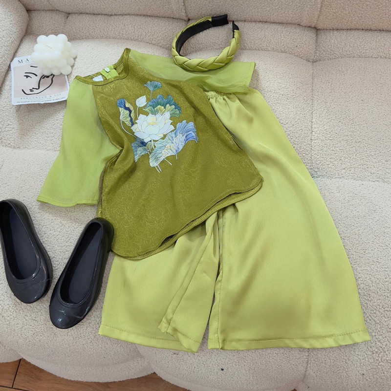 Bộ quần áo bé gái -  Set bà ba lụa tay voan cho bé gái chơi Tết TB377