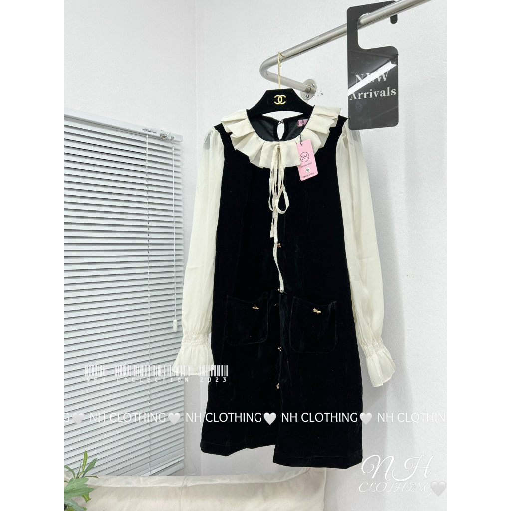 Váy nhung nơ cổ dập sm