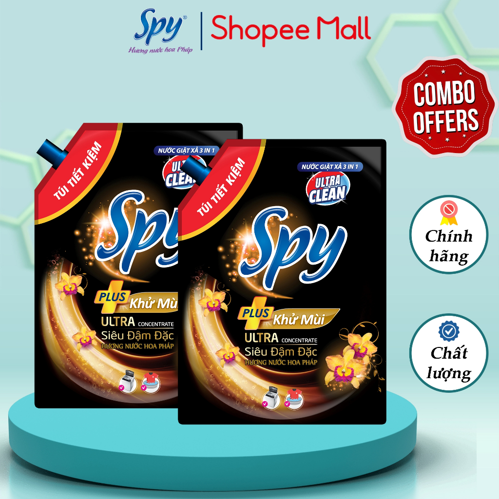 Combo 2 túi nước giặt xả SPY Ultra Clean Plus 1,5kg khử khuẩn lưu hương lâu, làm mềm vải