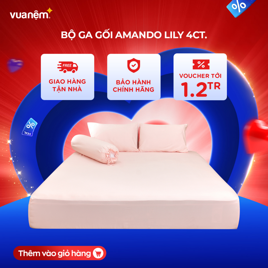 Bộ ga gối Amando Lily cao cấp 4 chi tiết thoáng mát, êm ái kháng khuẩn phân phối Vua Nệm