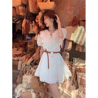 [SẴN ]tặng thắt lưng váy trắng babydoll nữ vintage cộc tay buộc nơ cổ, đầm nữ dự tiệc dáng suông dài điệu đà