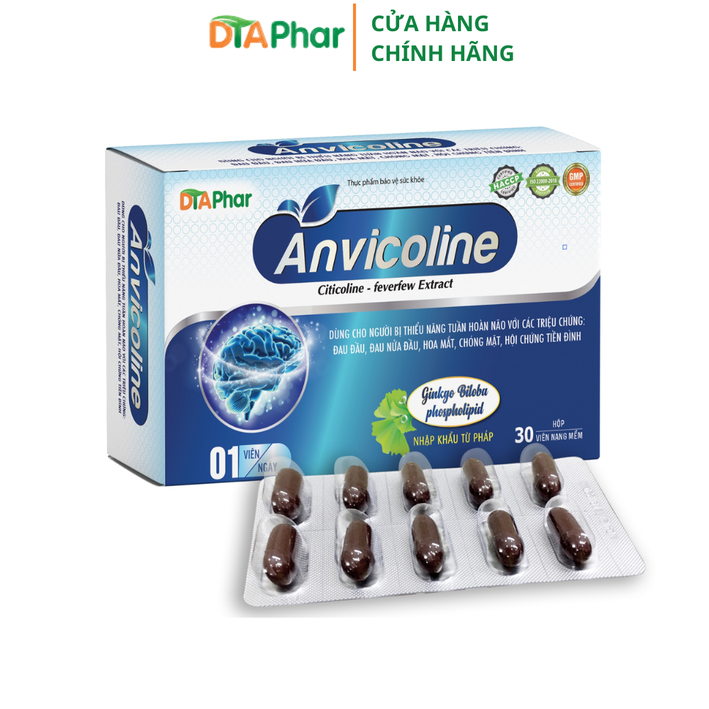 Viên uống bổ não Anvicoline DTAPhar tăng cường trí nhớ, giảm đau đầu, lưu thông máu Vỉ 10 viên
