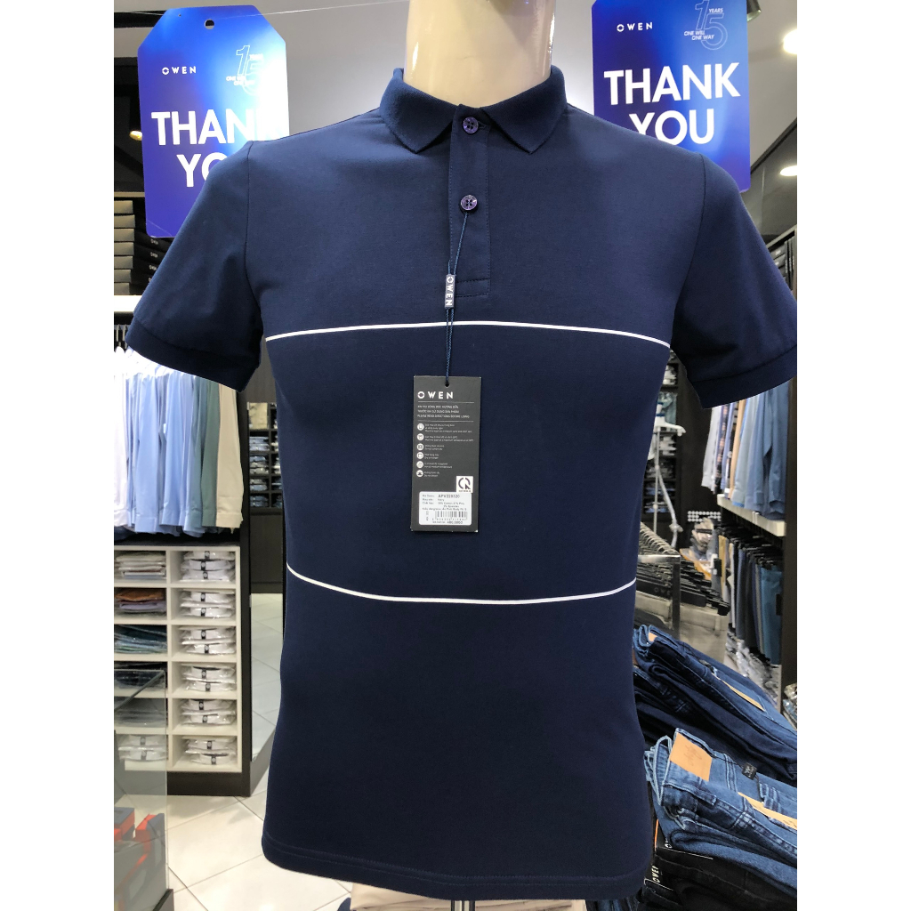 Áo polo owen màu xanh navy kẻ trắng body fit vải cotton APV220320