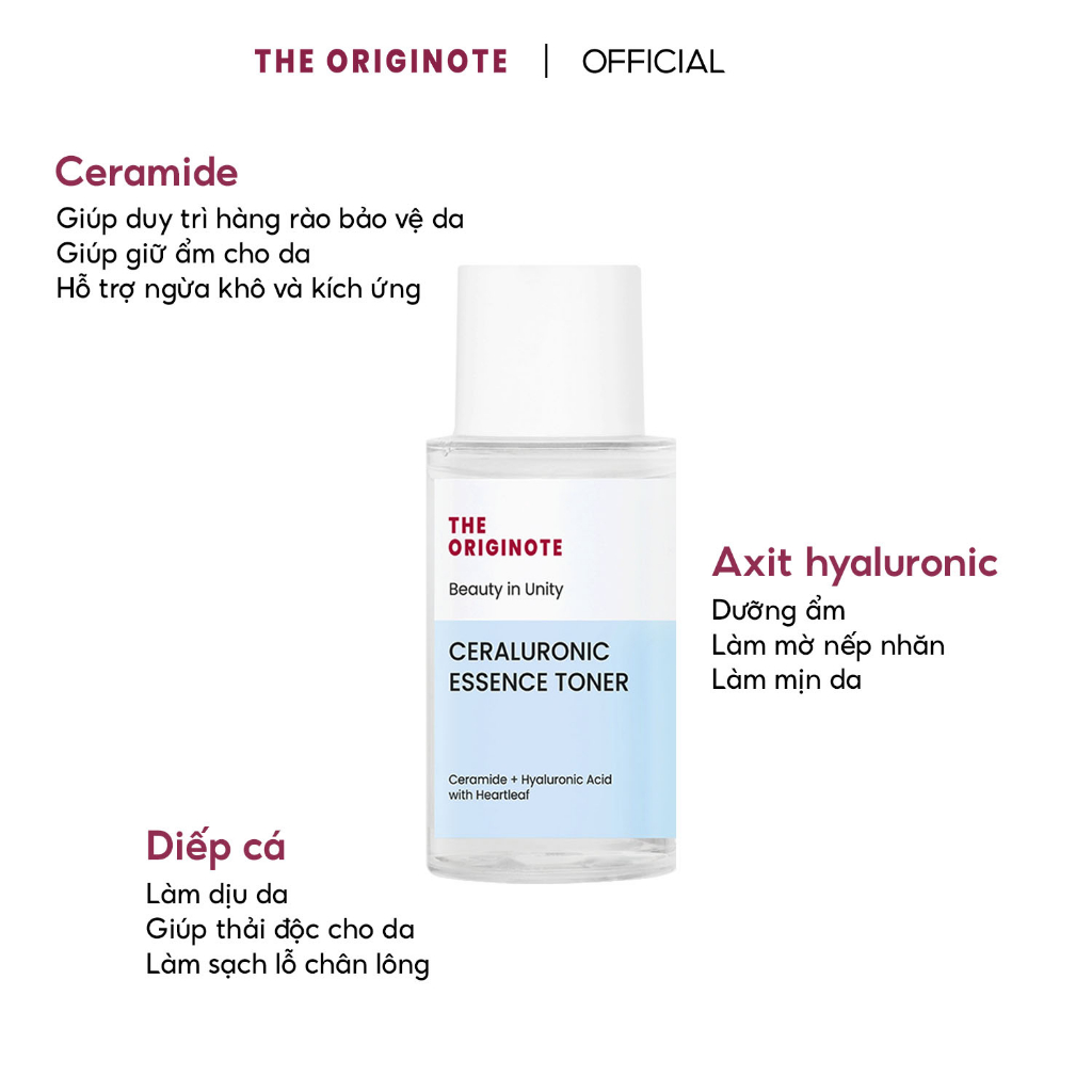 Dưỡng ẩm dịu da với Ceramide Hyaluronic Acid và Diếp cá - Ceraluronic Essence Toner The Originote 80ml