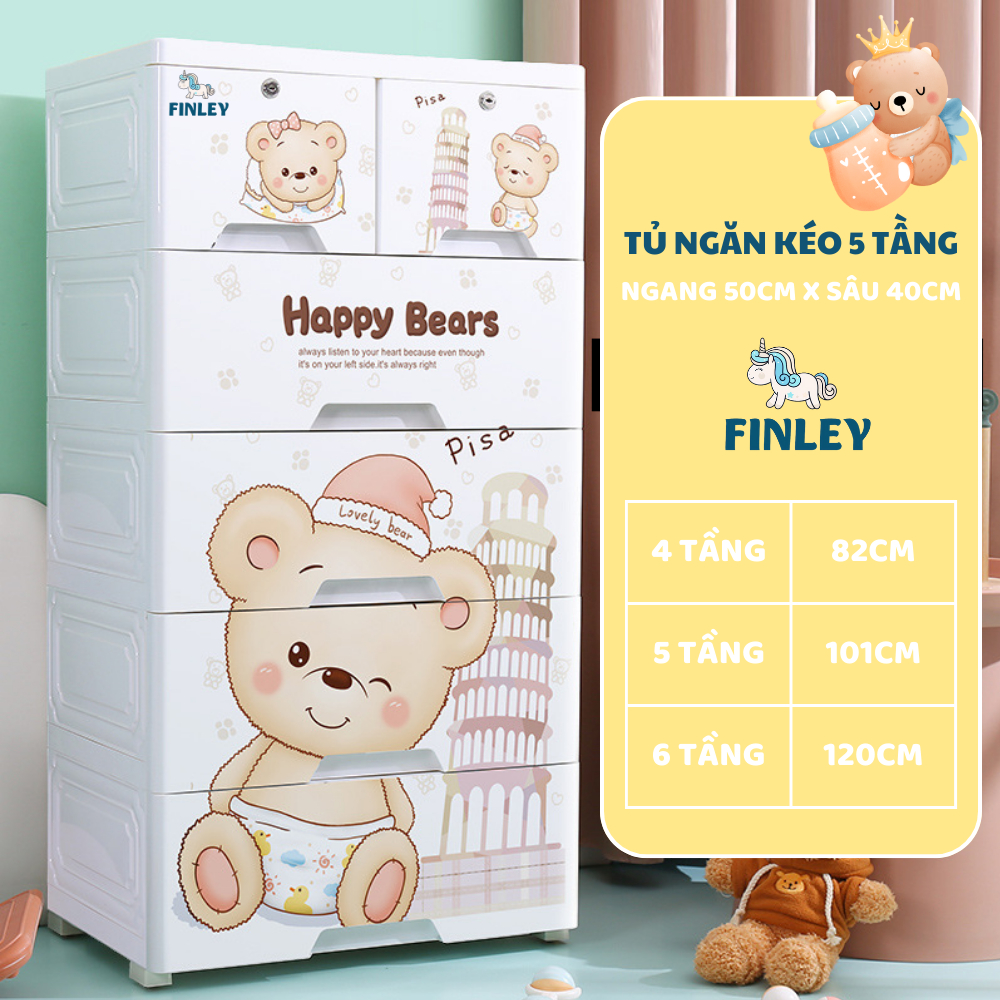 Tủ quần áo cho bé và người lớn 5 - 6 tầng FINLEY gấu thỏ - voi - cá heo