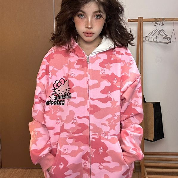 （Chất lượng cao）Siêu đáng yêu! Áo khoác hoodie cặp đôi Kitty dáng dài măng cổ Mỹ phong cách thu đông màu sắc độc đáo